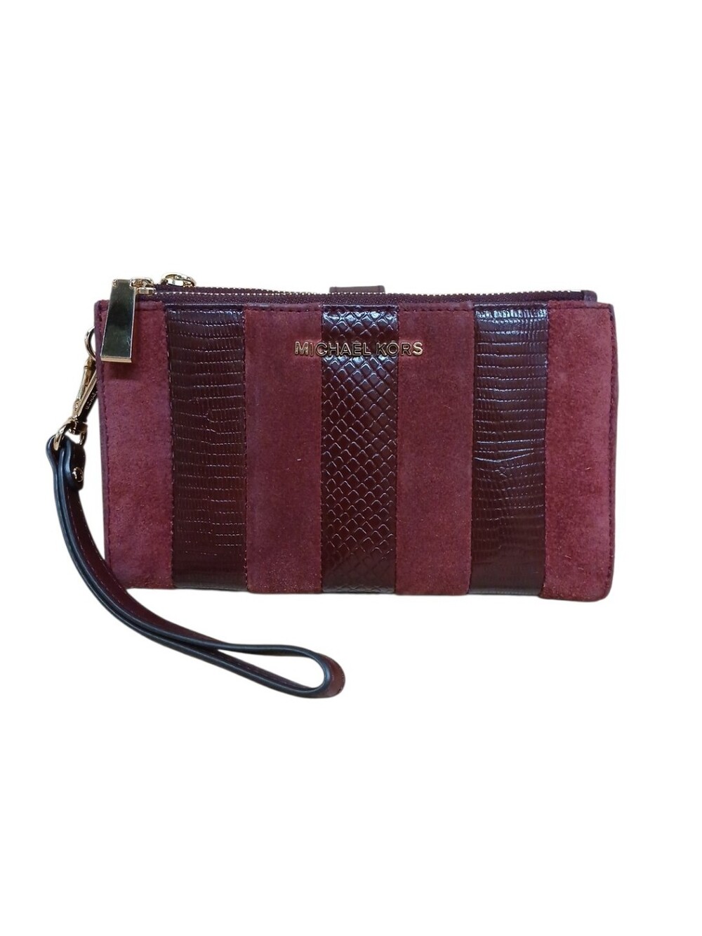 MICHAEL Michael Kors Wine and Burgundy Suede & Patent Stripe Wristlet Wallet